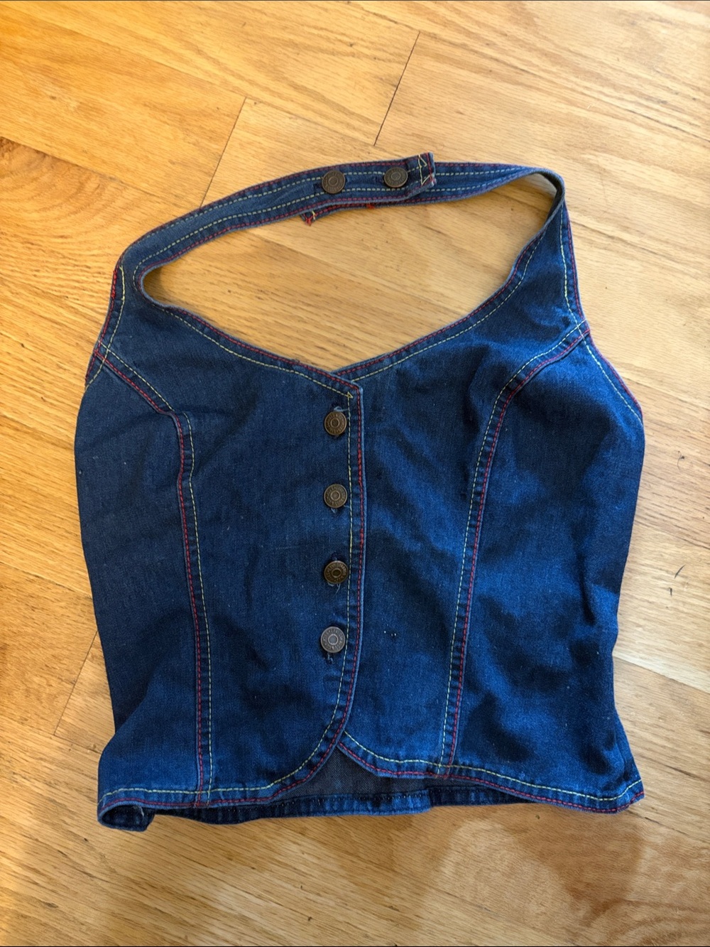 Denim Halter Button-Front Crop Top - Blue
